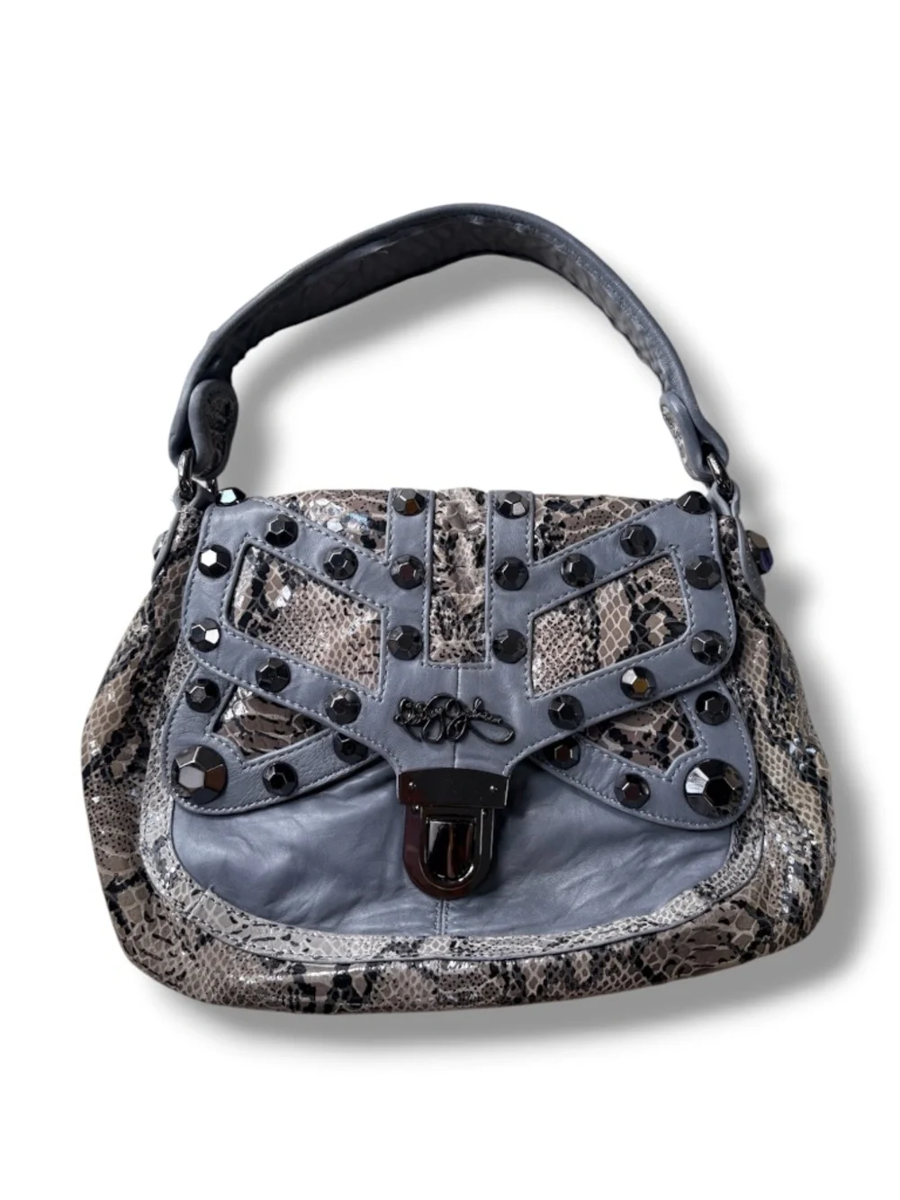 Vintage Betsey Johnson Gray Leather Hobo Bag – Snake Print & Studded Details